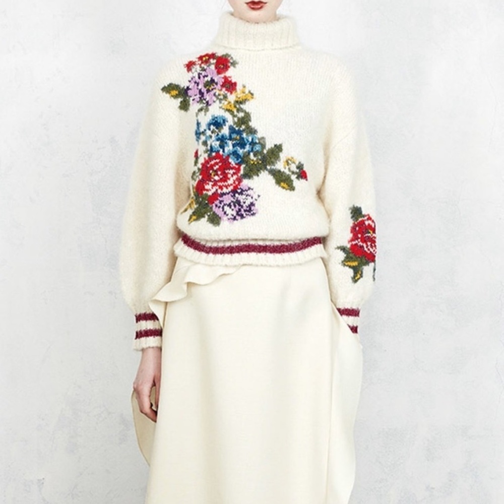 Leur Logette Alpaca floral Knit Turtleneck Sweater - Cream‎